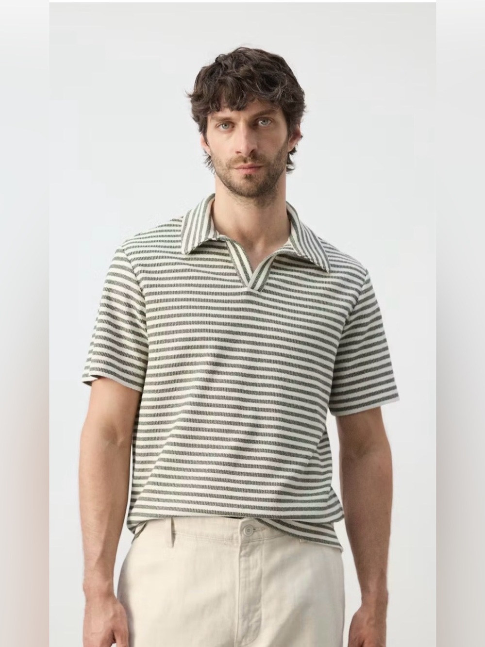 Mango Striped Short-Sleeve Polo in Green and Cream